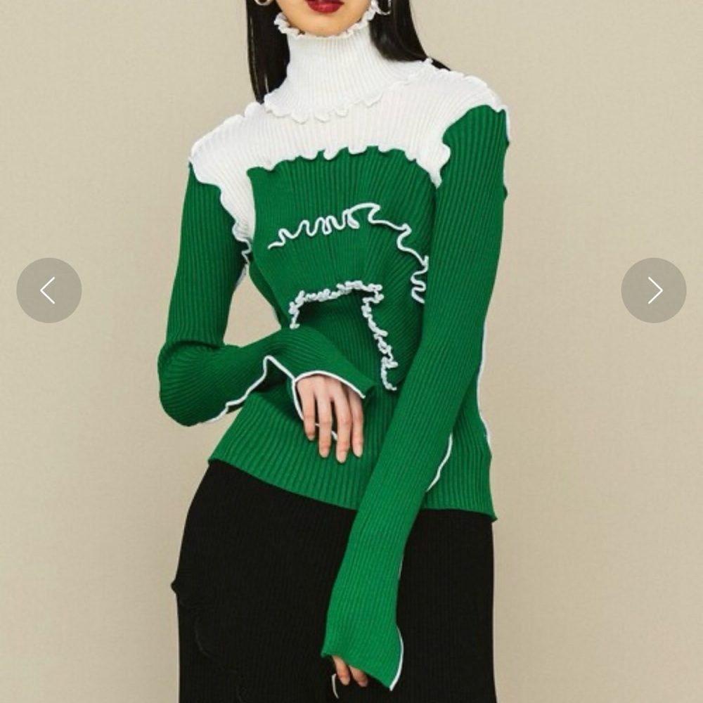 Kotohayokazawa Green and White Women's Turtleneck Sweater
